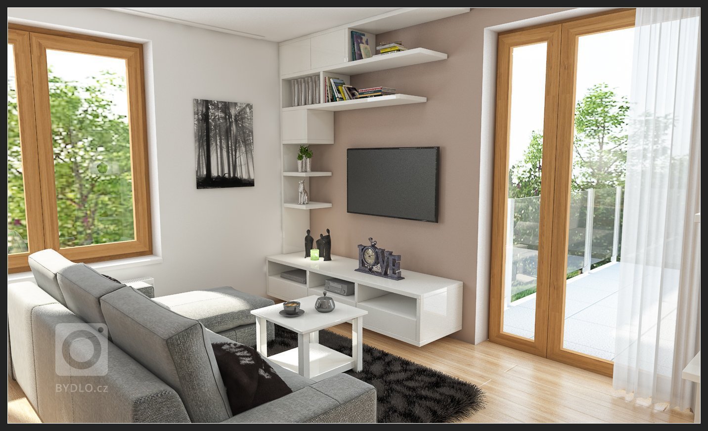 Moderní obývací pokoj &nbsp;s netradiční knihovnou a kuchyní s barovým pultem.
