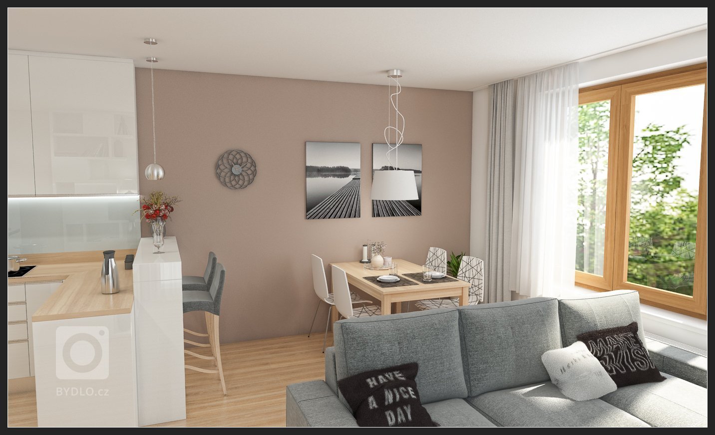 Moderní obývací pokoj &nbsp;s netradiční knihovnou a kuchyní s barovým pultem.
