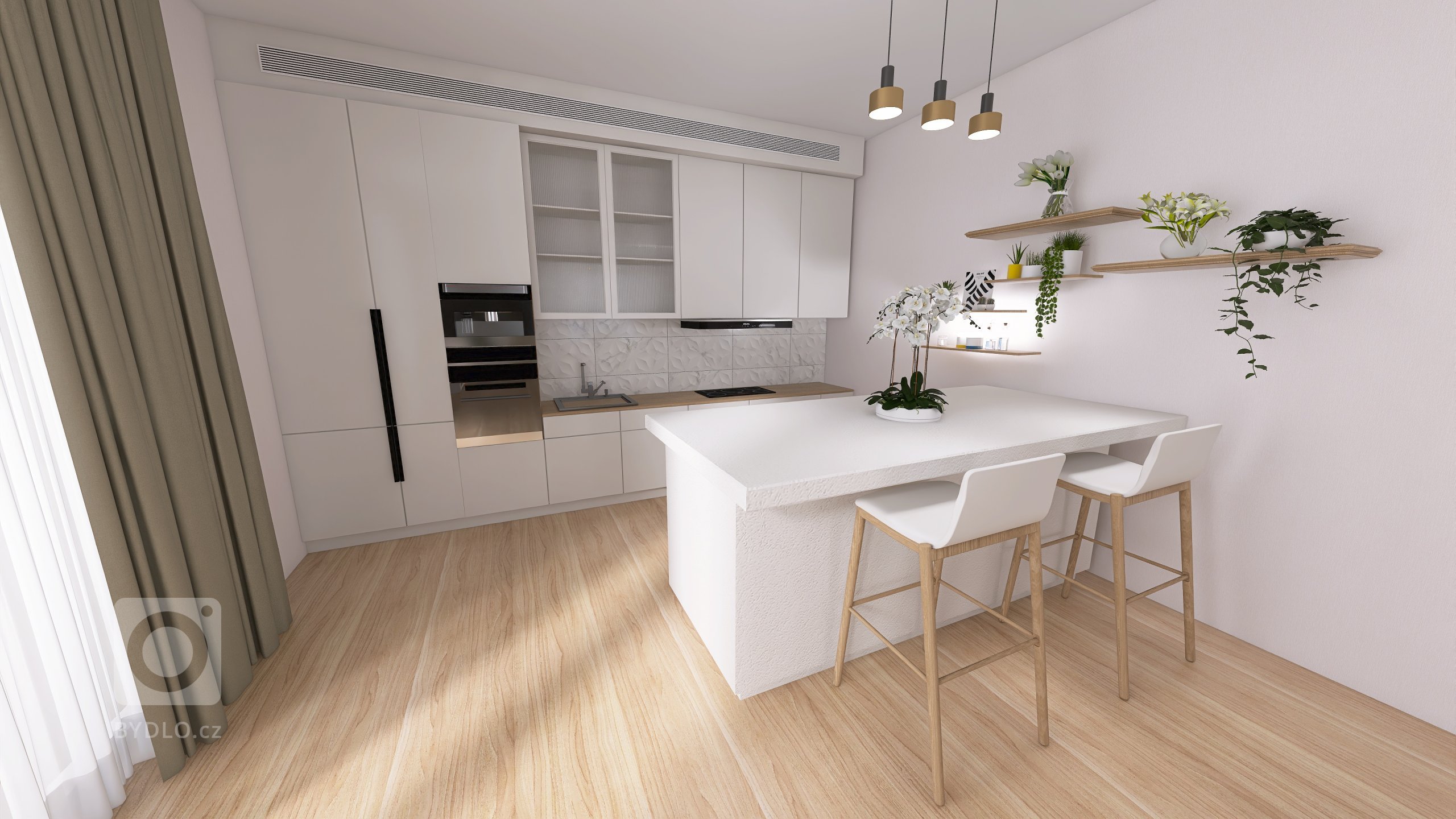 Vizualizace potencionálního budoucího stavu kuchyně, jídelny a&nbsp;obývacího pokoje po rekonstrukci. Důraz na prosvětlení a větší modernizaci oproti původnímu…