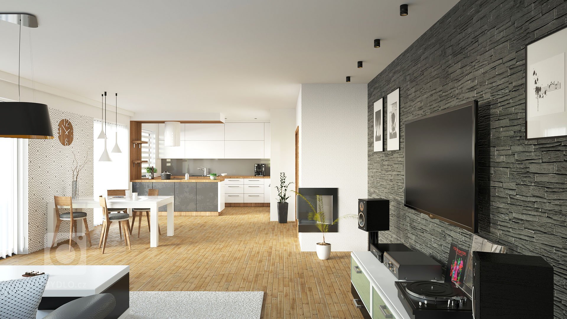Jeden z několika návrhů obývacího pokoje spojeného s kuchyní v budoucí novostavbě rodinného domku. Požadavkem bylo použití obkladového kamene, dřeva a moderní…