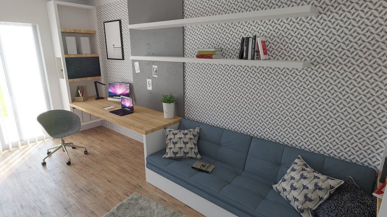 Návrh pracovny/relaxační místnosti pro čtení knížek. Nábytek na míru.
