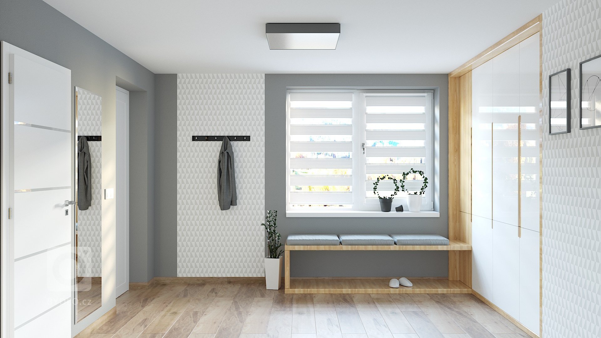 Klientka požadovala návrh a vizualizaci větší předsíně společně s návrhem a demonstrací úložných prostor velkých vestavěných skříní. Nábytek je na zakázku,…