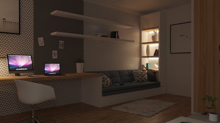 Návrh pracovny/relaxační místnosti pro čtení knížek. Nábytek na míru.
