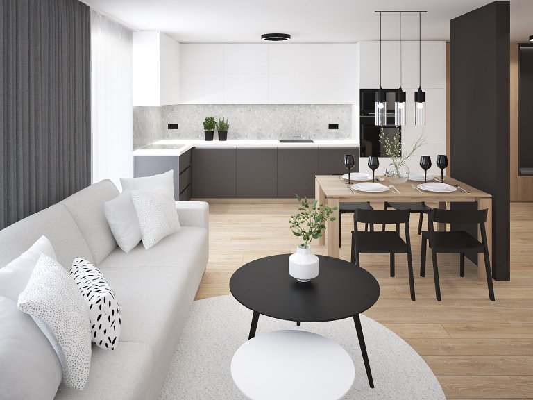 Světlý byt s terrazzo obkladem